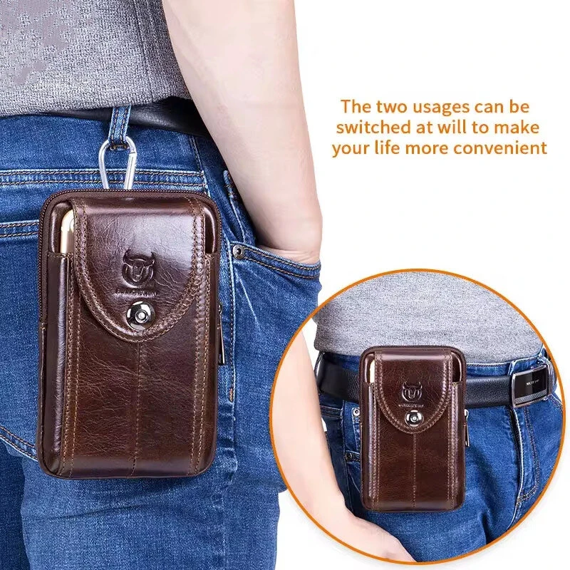 (image for) BULLCAPTAIN Genuine Leather Waist Pack Mens Small Fanny Belt Bag Travel Phone Pouch Male Work Leather Waist Bag